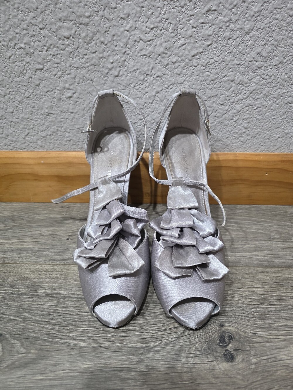 Audrey Brooke Silver Satin Peep-Toe Heels with Ruffle Detail